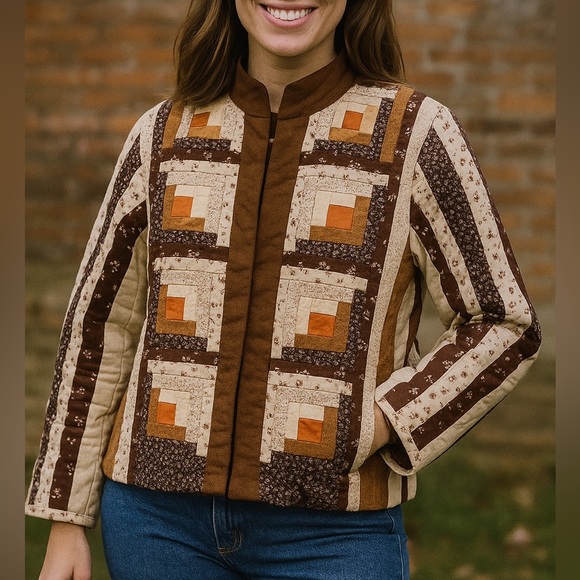 Vintage Handmade Upcycled Log Cabin Quilt Coat Size Medium Boho Granny Cottage - Picture 1 of 8
